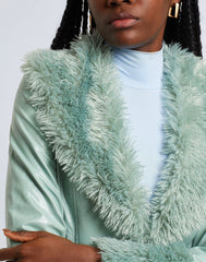 Green long coat with fluffy collar and cuffs