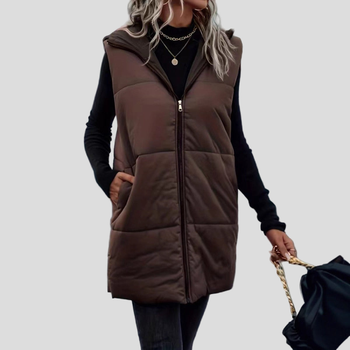 Brown long puffer vest – with hood