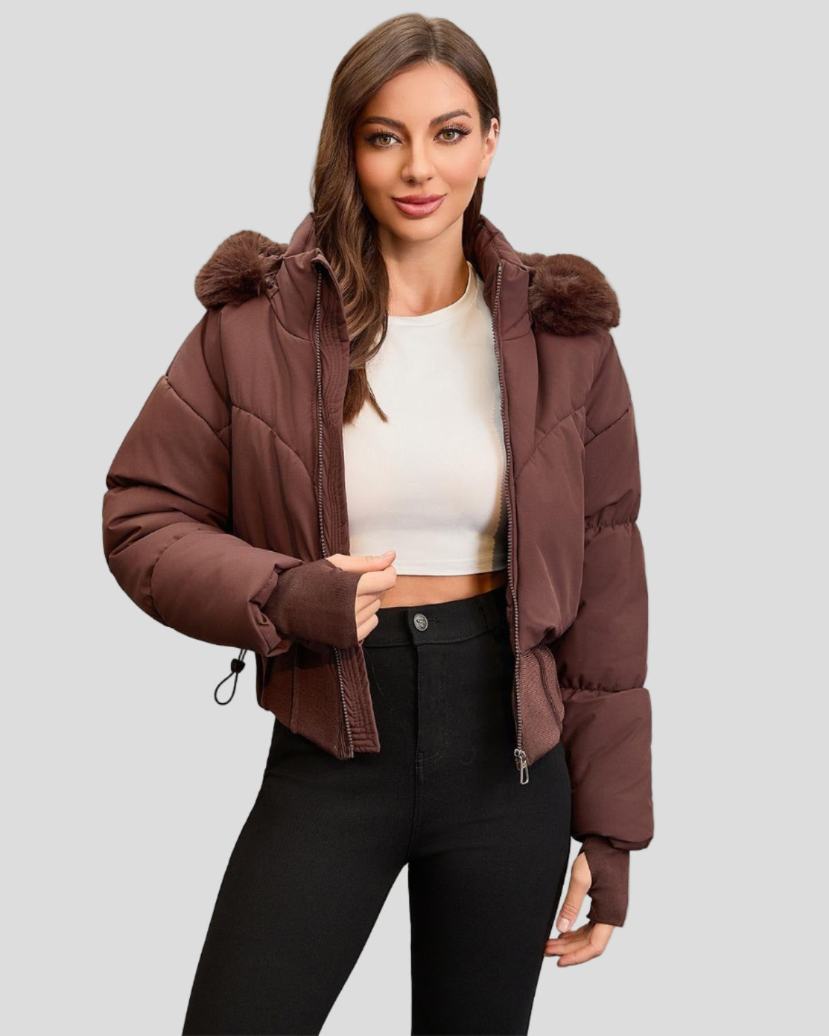 Short puffer jacket with hood – ribbed hem and thumbholes