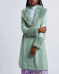 Green long coat with fluffy collar and cuffs