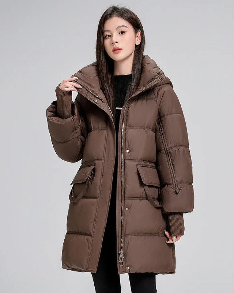 Long padded jacket with hood and pockets
