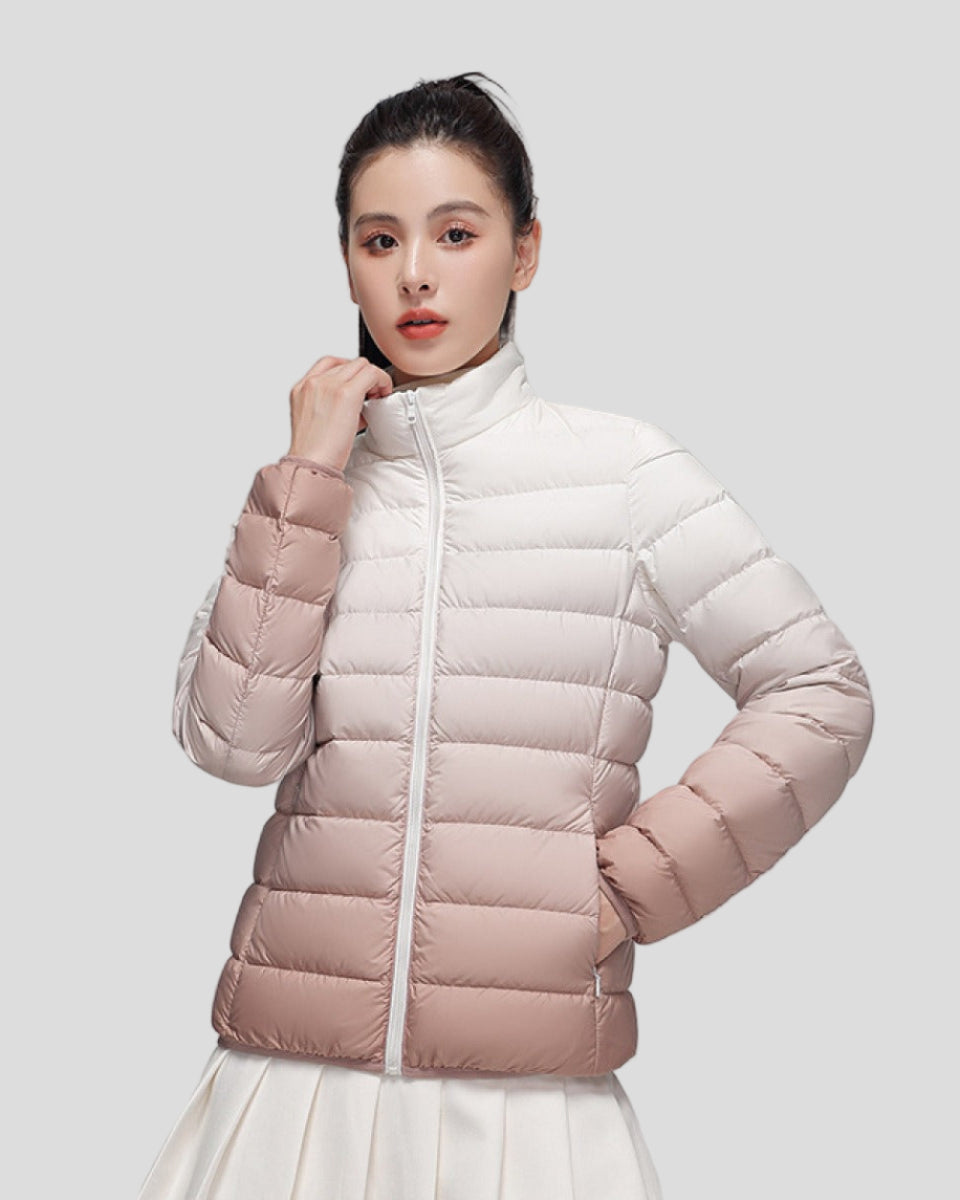 Lightweight ombre puffer jacket with high collar