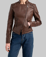 Brown biker jacket with slanted zipper