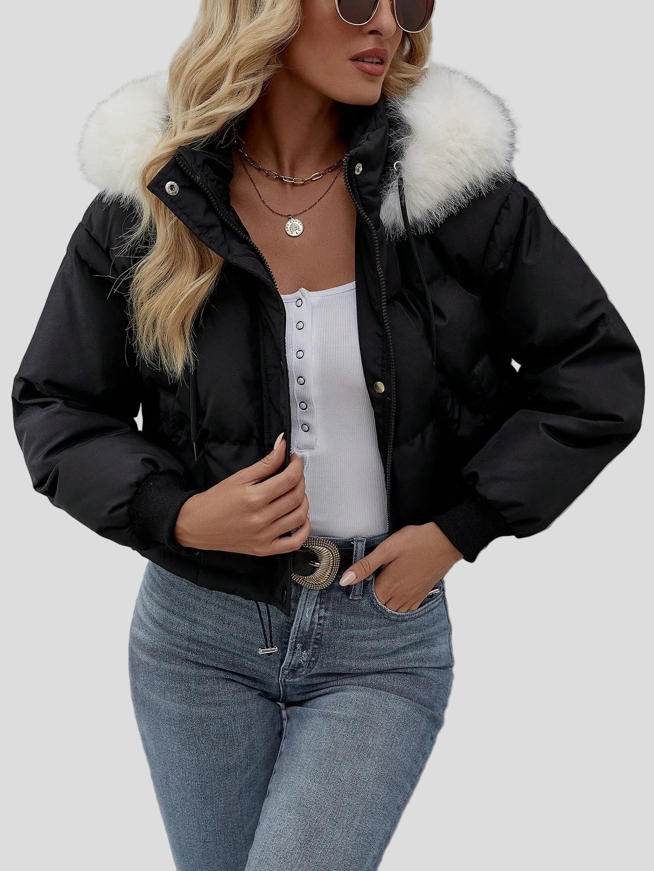 Black short puffer bomber jacket with fluffy hood