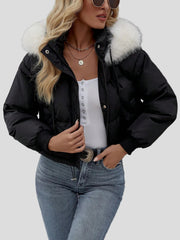 Black short puffer bomber jacket with fluffy hood