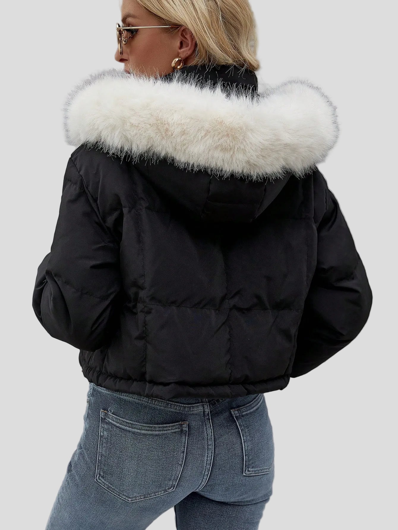 Black short puffer bomber jacket with fluffy hood