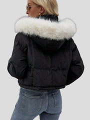 Black short puffer bomber jacket with fluffy hood