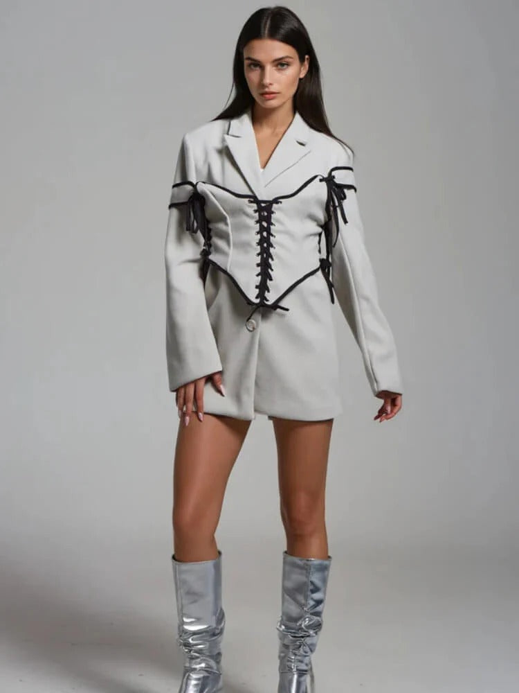 Light Gray blazer with black corset detail in mini length