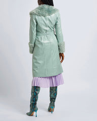 Green long coat with fluffy collar and cuffs