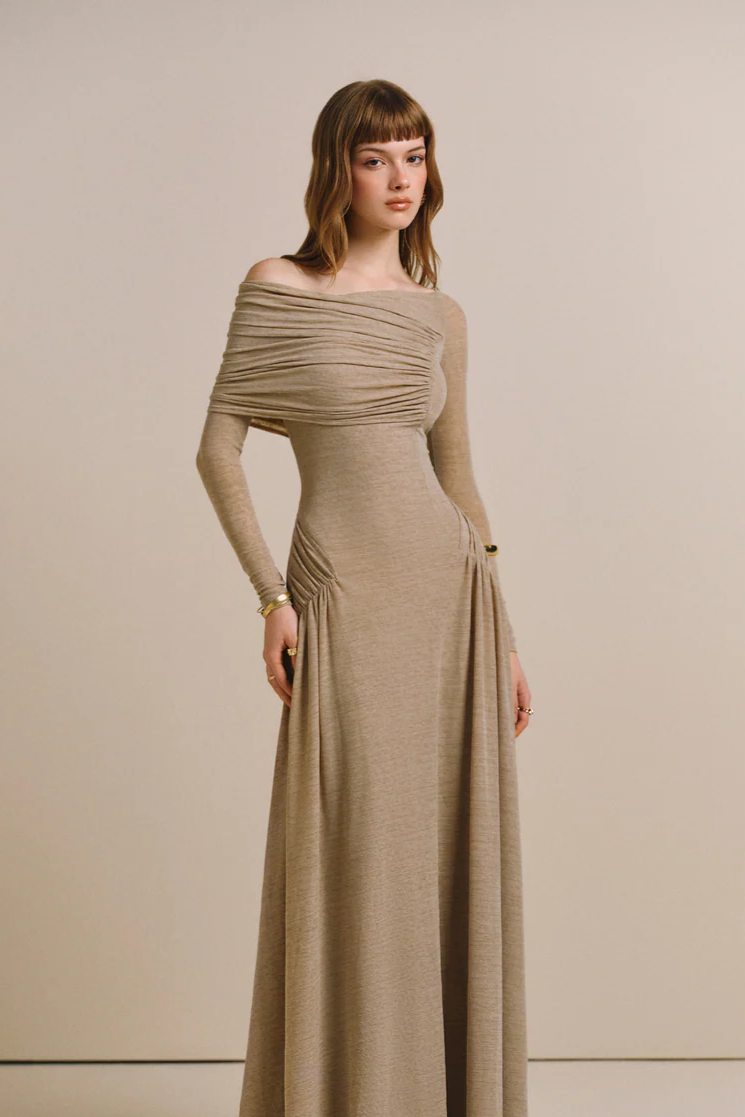 Off-the-shoulder draped maxi dress