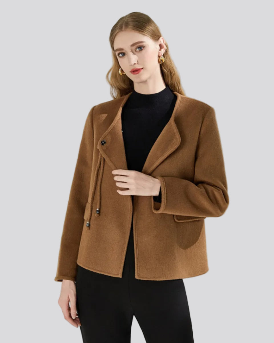 Camel brown collarless jacket with knot closure