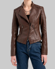 Brown biker jacket with slanted zipper
