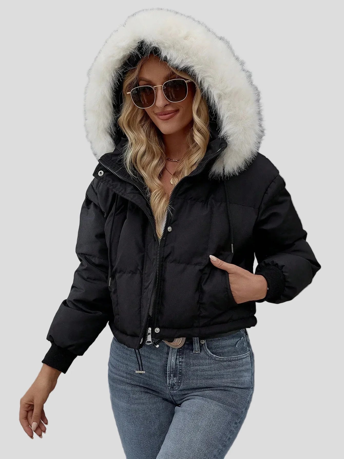 Black short puffer bomber jacket with fluffy hood