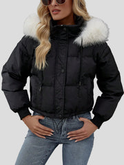 Black short puffer bomber jacket with fluffy hood