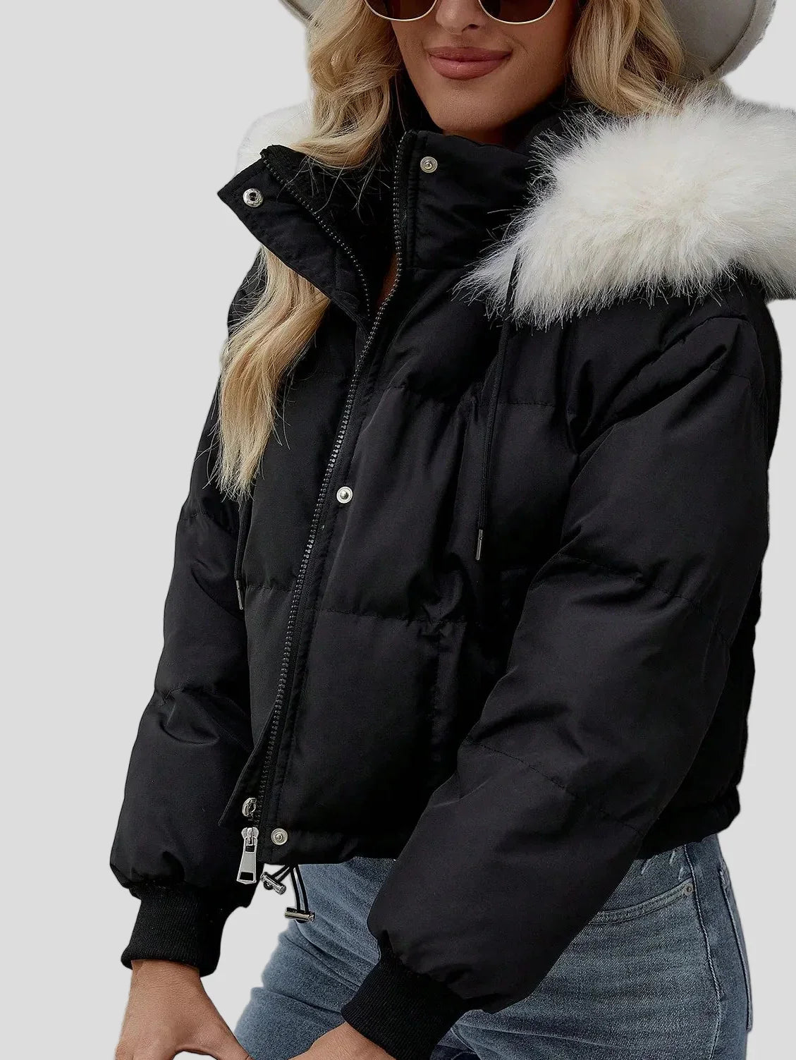 Black short puffer bomber jacket with fluffy hood