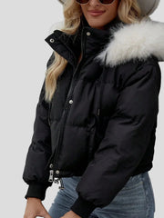 Black short puffer bomber jacket with fluffy hood