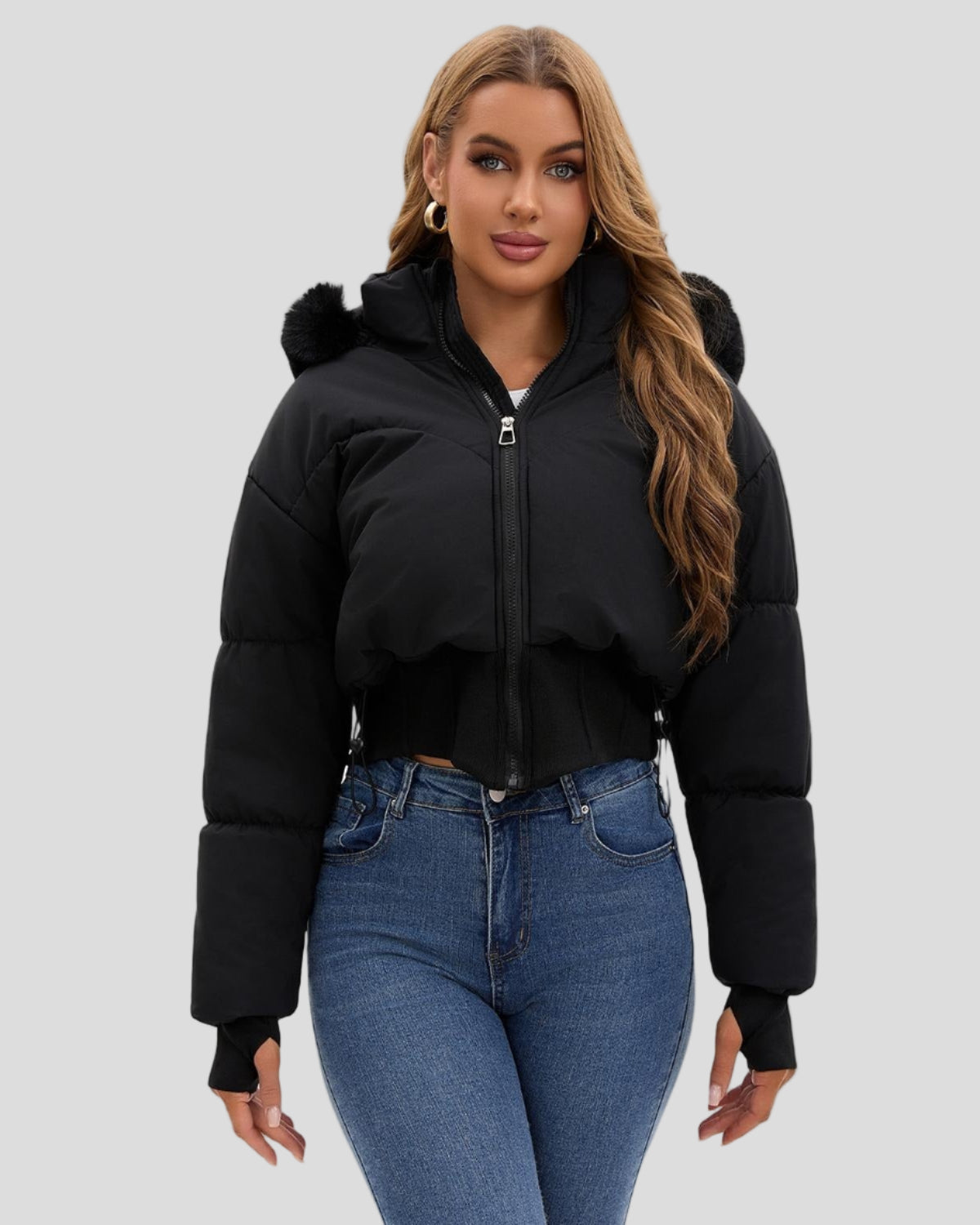Short puffer jacket with hood – ribbed hem and thumbholes