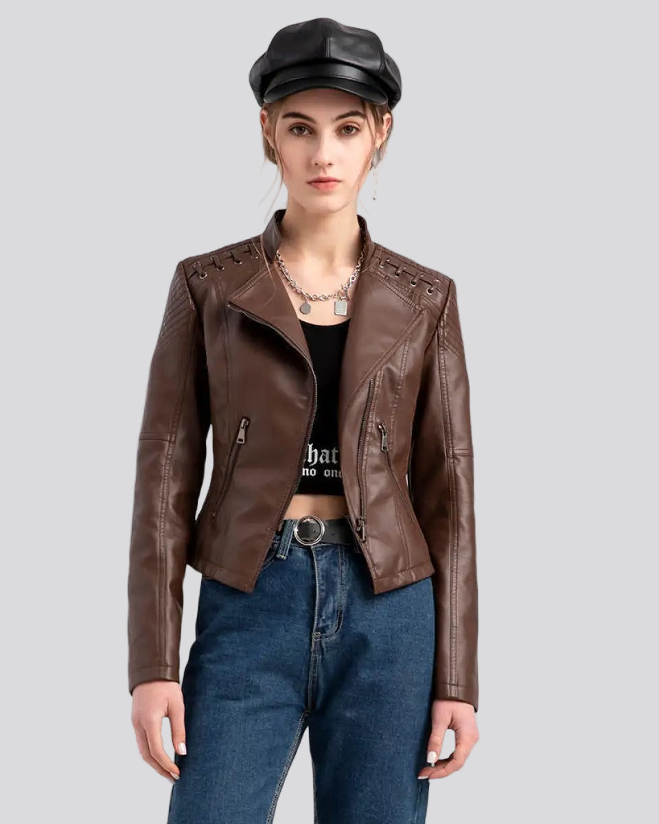 Biker jacket with laced shoulders and asymmetrical zipper
