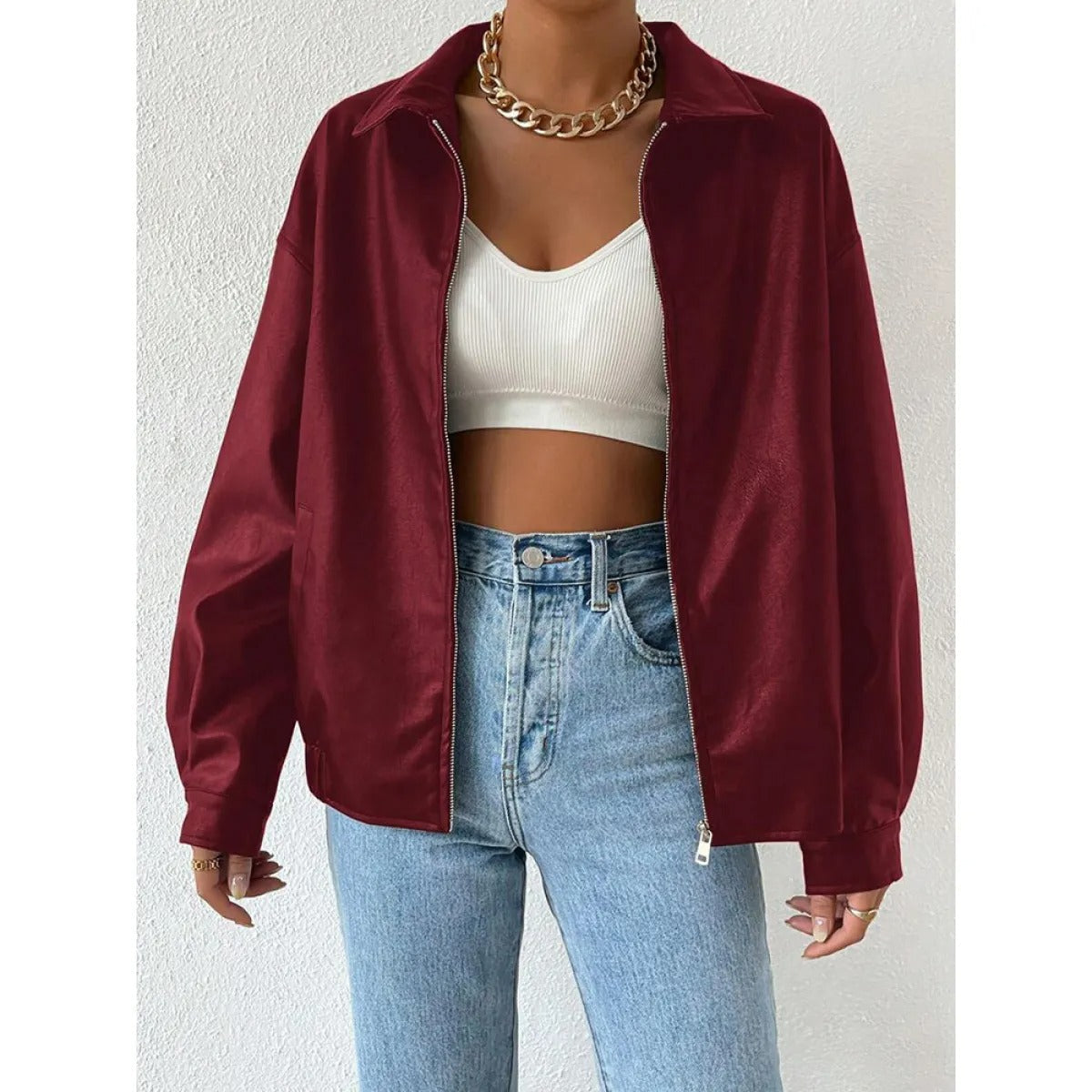 Zip jacket with shirt collar and straight hem