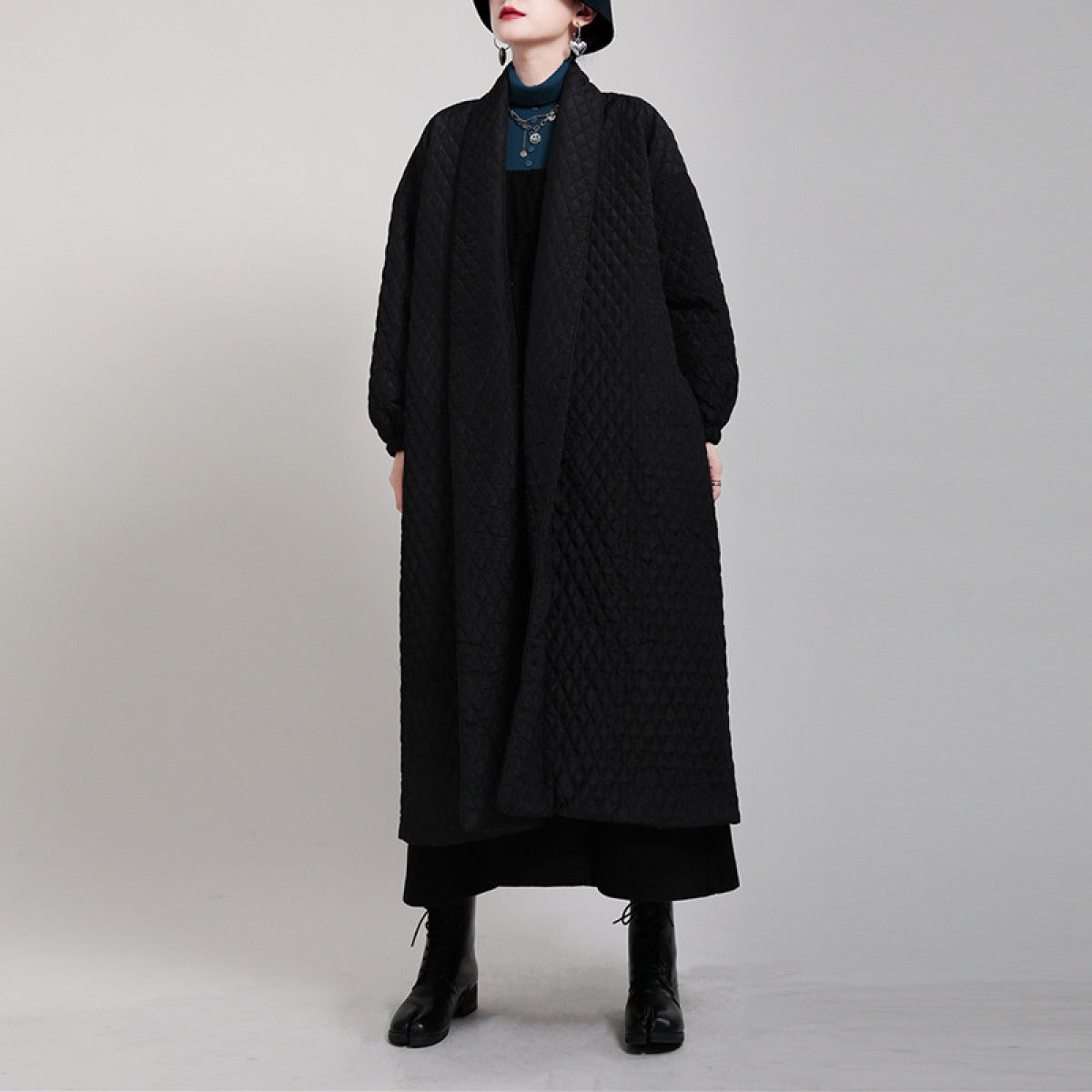 Black quilted wrap coat with belt