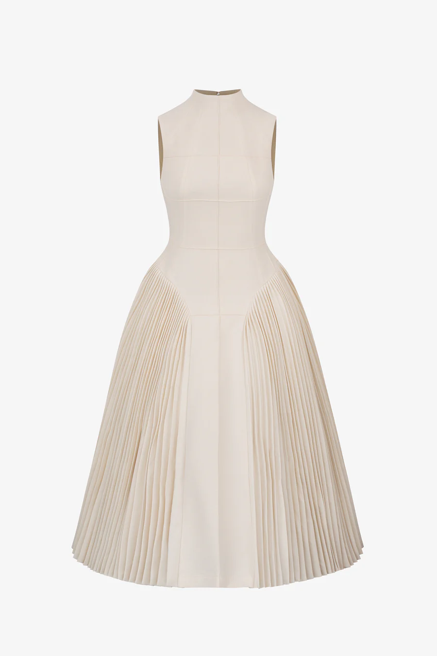 Ivory sleeveless pleated midi dress