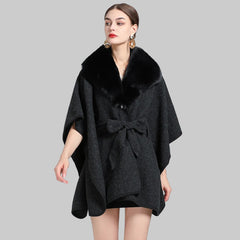 Cape with tie belt and fluffy shawl collar