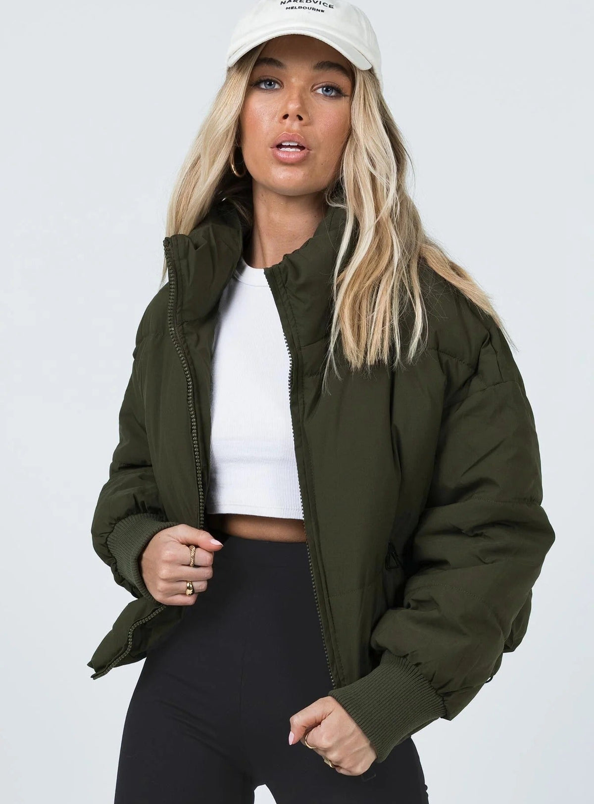 Army green puffer bomber jacket – high collar