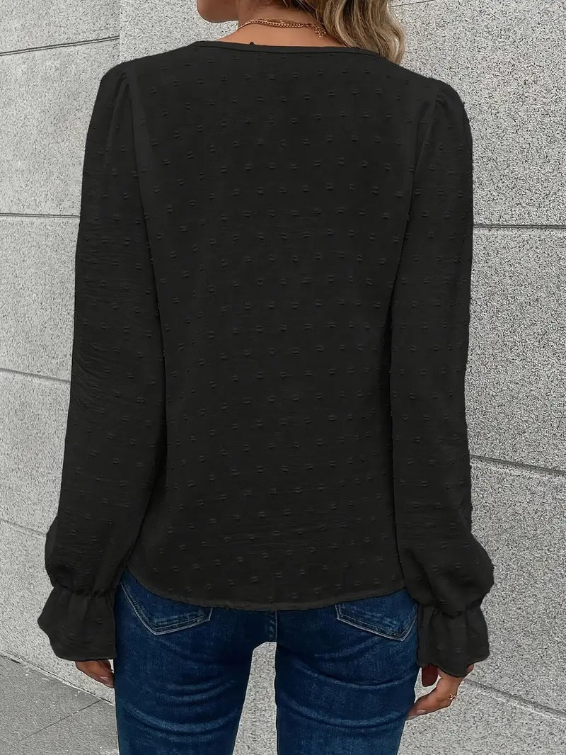 Blouse with lace trim and puff sleeves