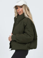 Army green puffer bomber jacket – high collar