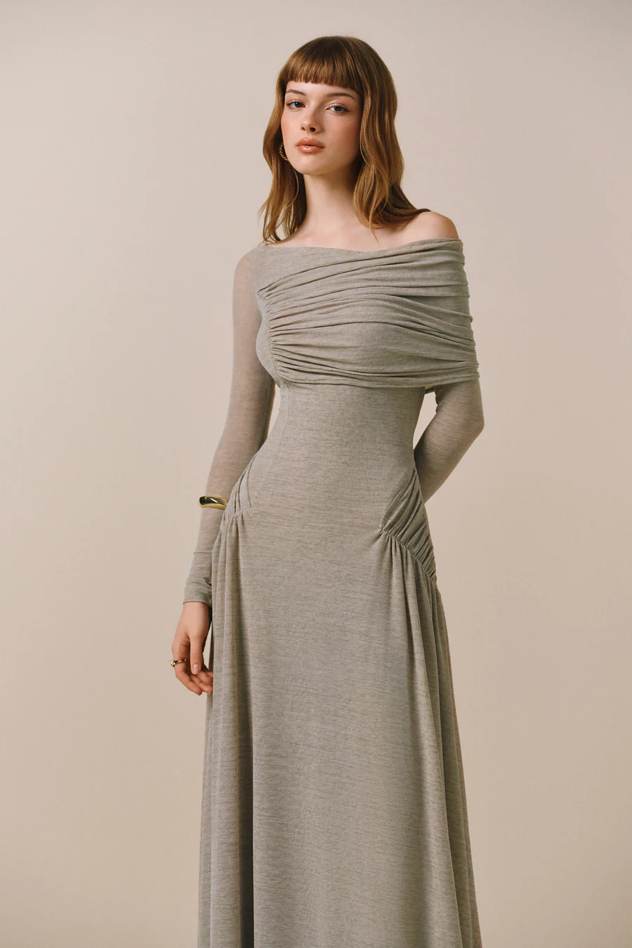 Off-the-shoulder draped maxi dress