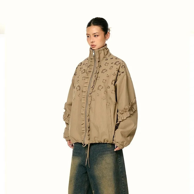 Khaki bomber jacket with leopard print and ruffle details