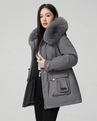Puffer parka with fluffy collar and adjustable waist