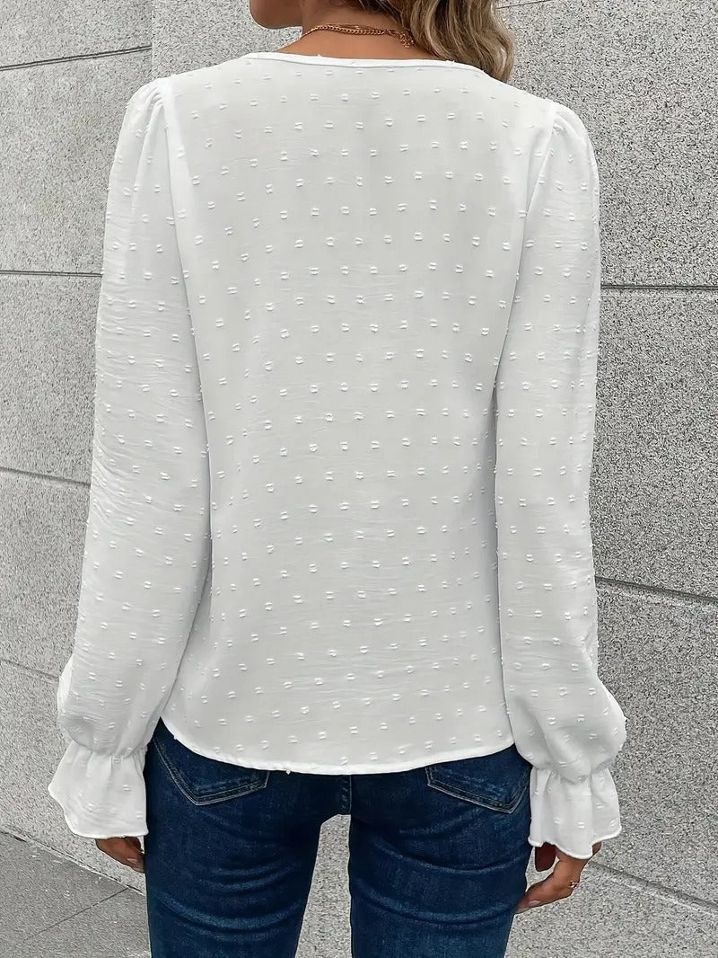 Blouse with lace trim and puff sleeves