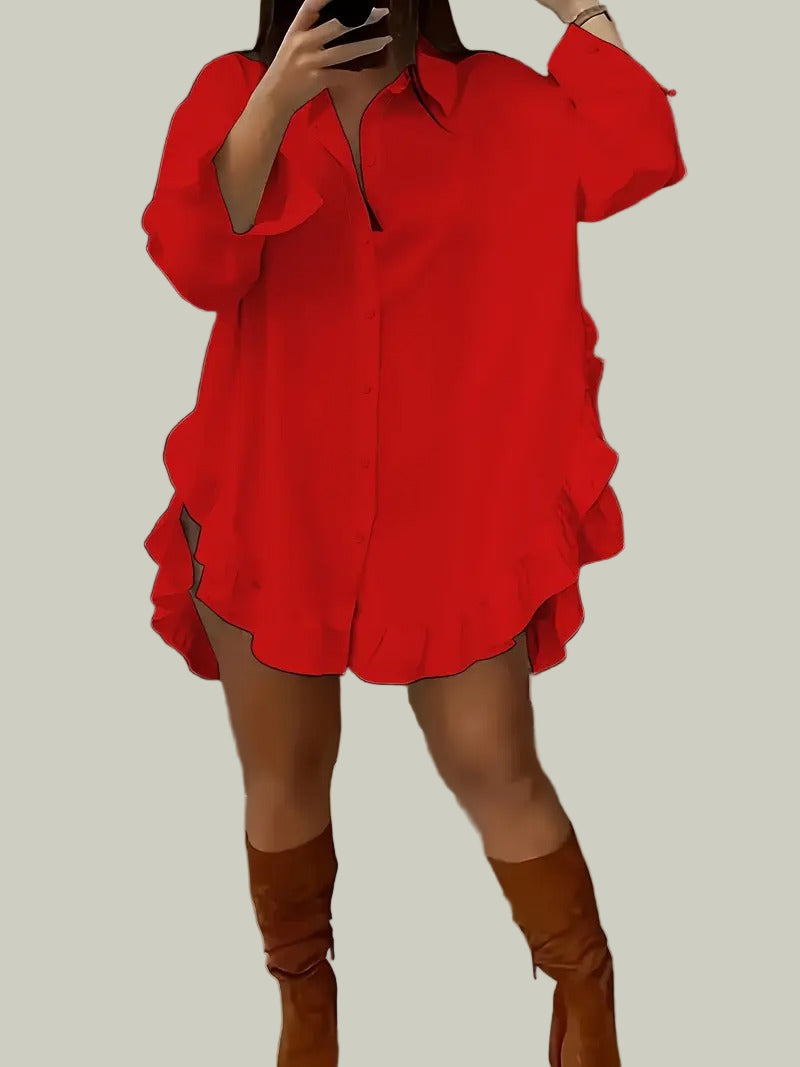 Shirt dress with ruffle trim and button closure