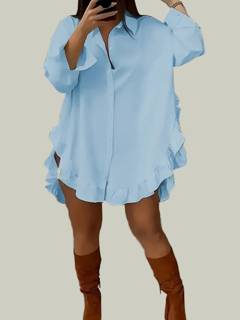 Shirt dress with ruffle trim and button closure