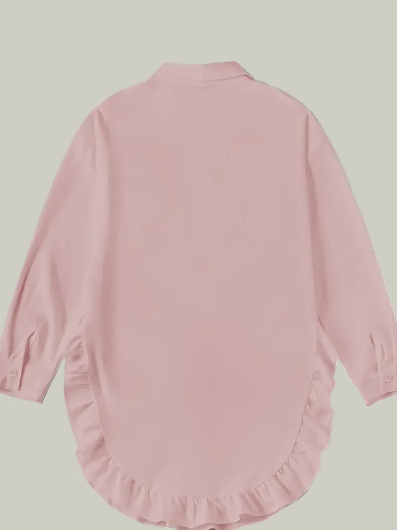 Shirt dress with ruffle trim and button closure