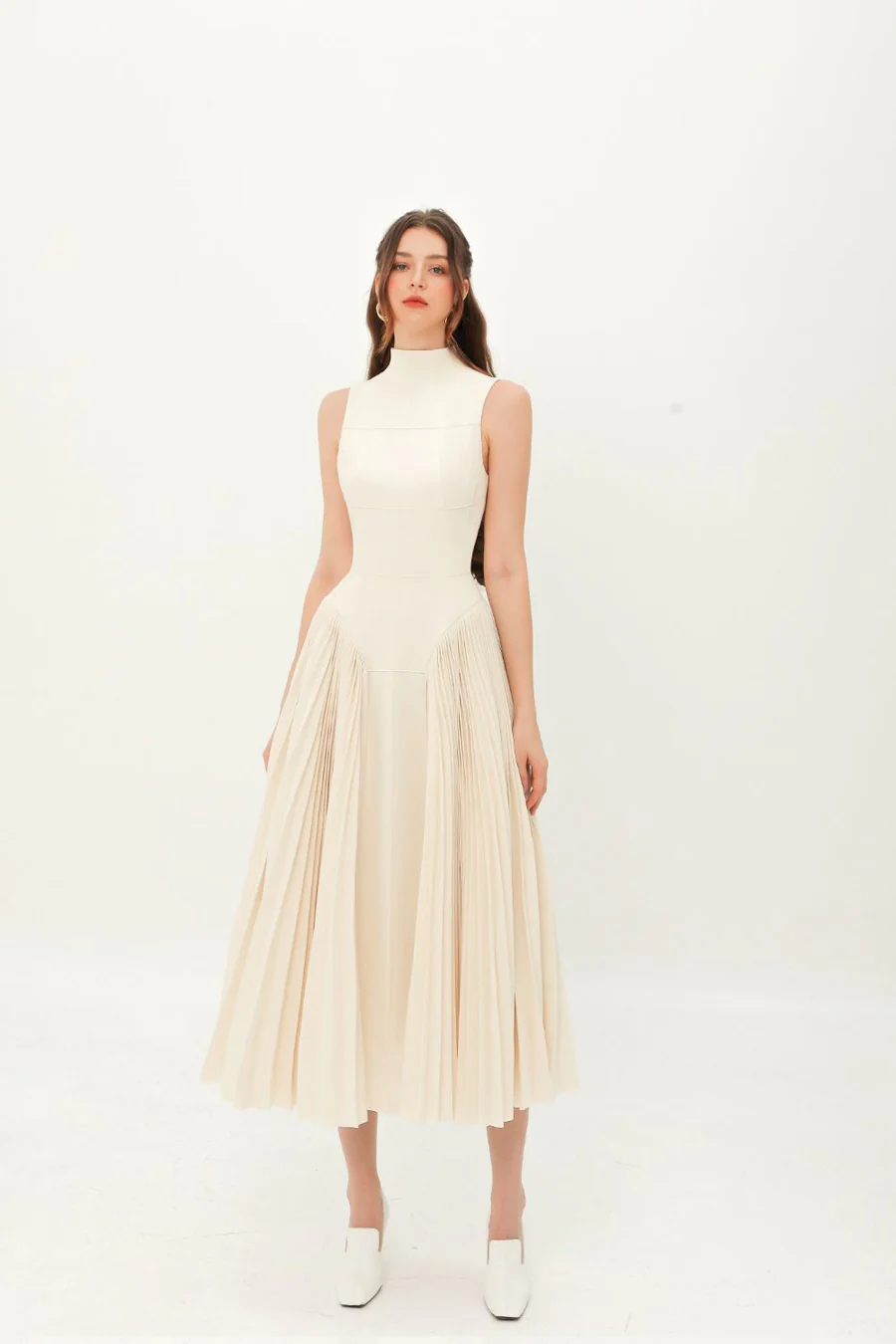 Ivory sleeveless pleated midi dress