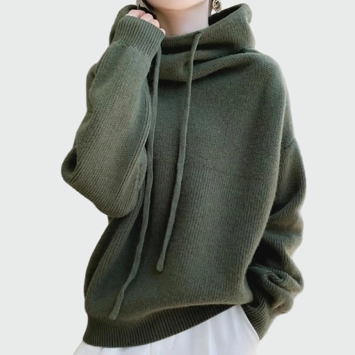 Knitted hoodie with high collar and drawstrings