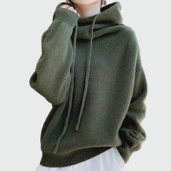 Knitted hoodie with high collar and drawstrings