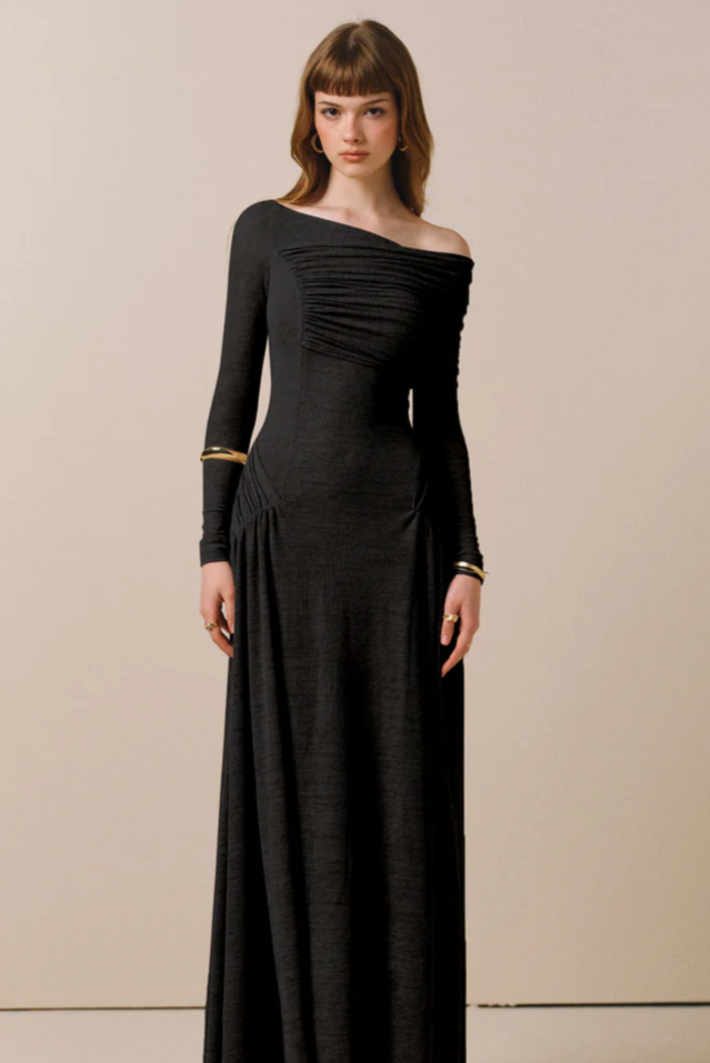 Off-the-shoulder draped maxi dress