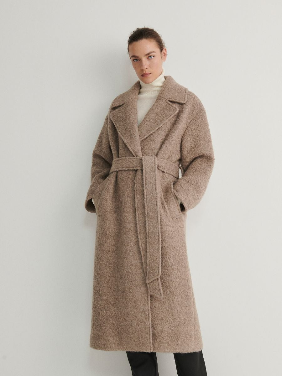 Taupe long coat with tie belt