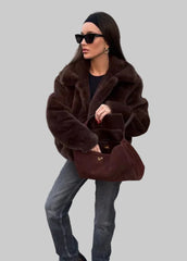 Brown fluffy short jacket with wide collar
