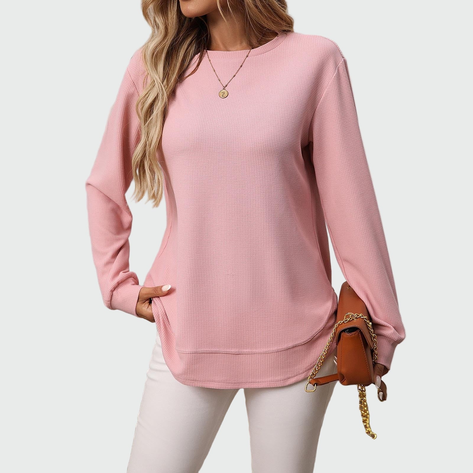 Long sweatshirt in waffle texture with rounded hem