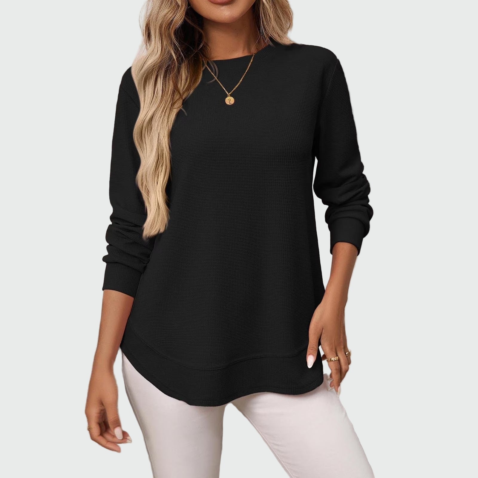 Long sweatshirt in waffle texture with rounded hem