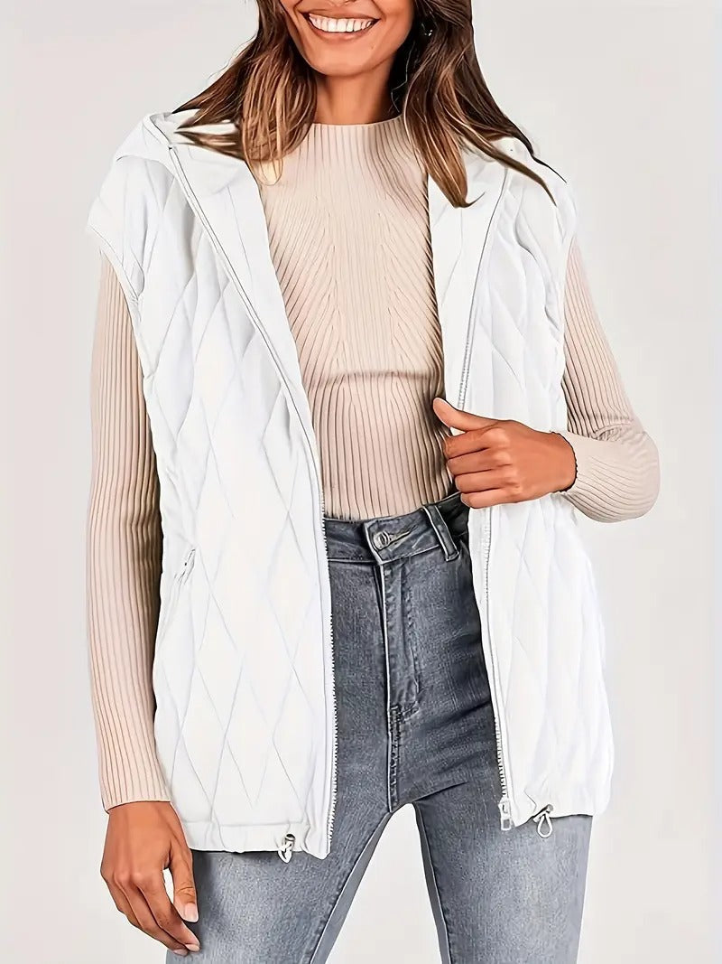 Quilted hooded vest — Diamond pattern, drawstring hem