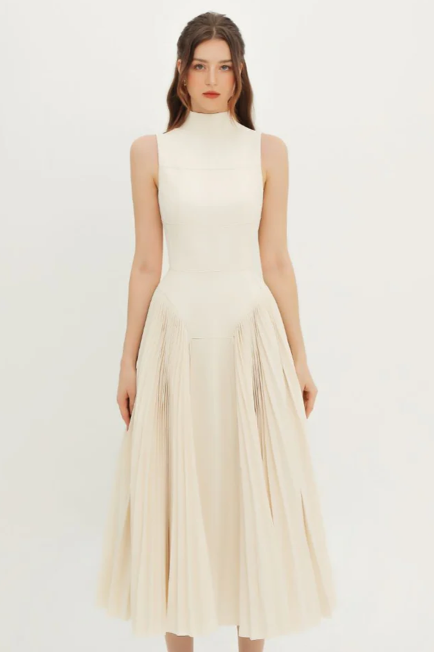 Ivory sleeveless pleated midi dress