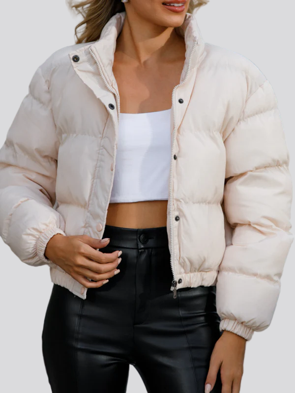 Puffer jacket with stand-up collar and snap button placket