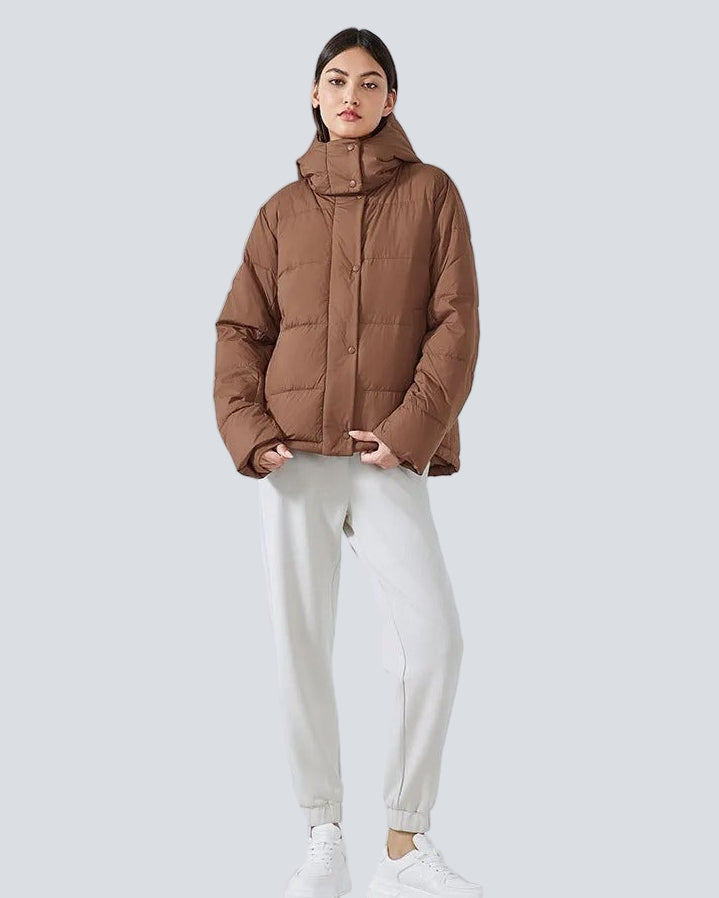 Short padded jacket with hood and high collar