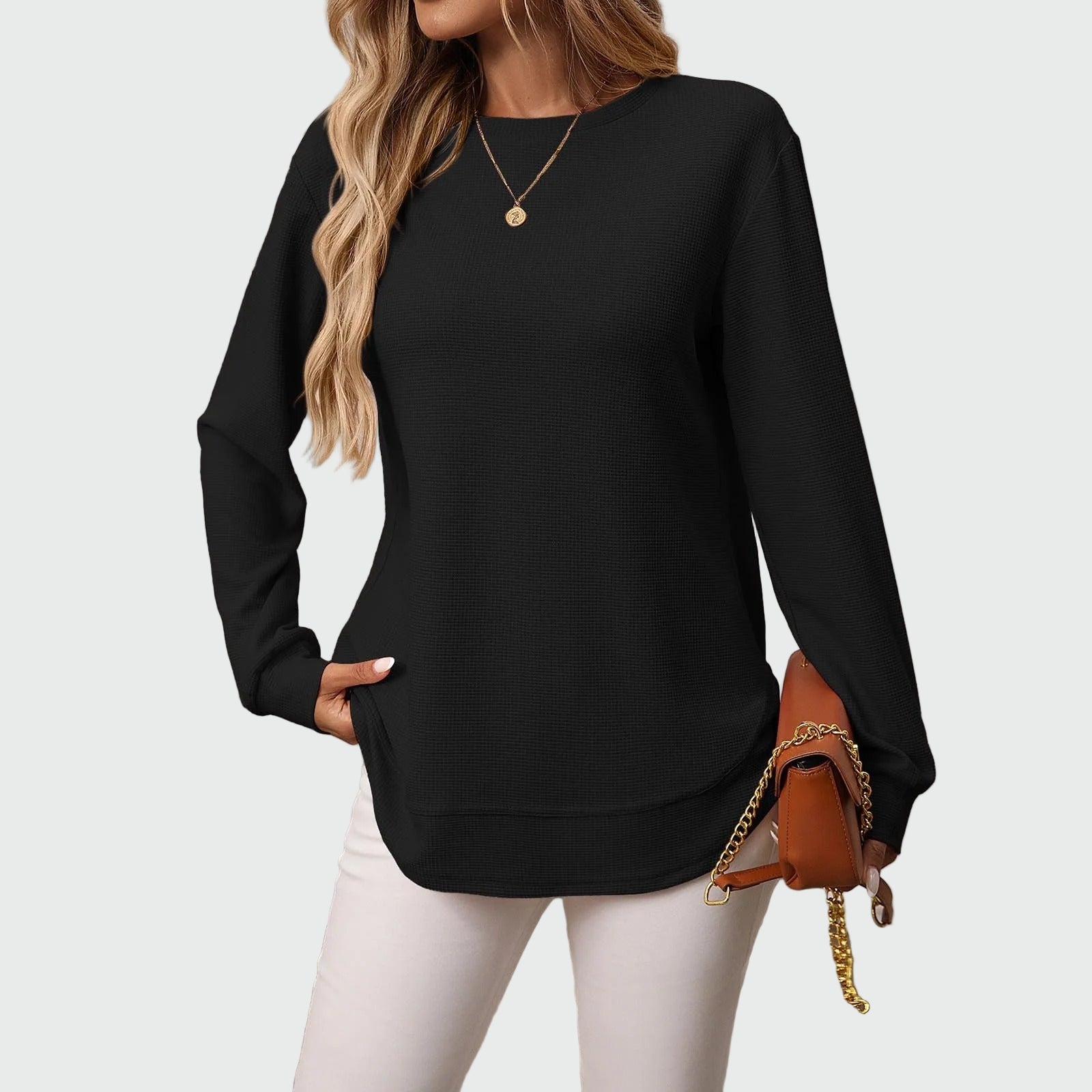 Long sweatshirt in waffle texture with rounded hem