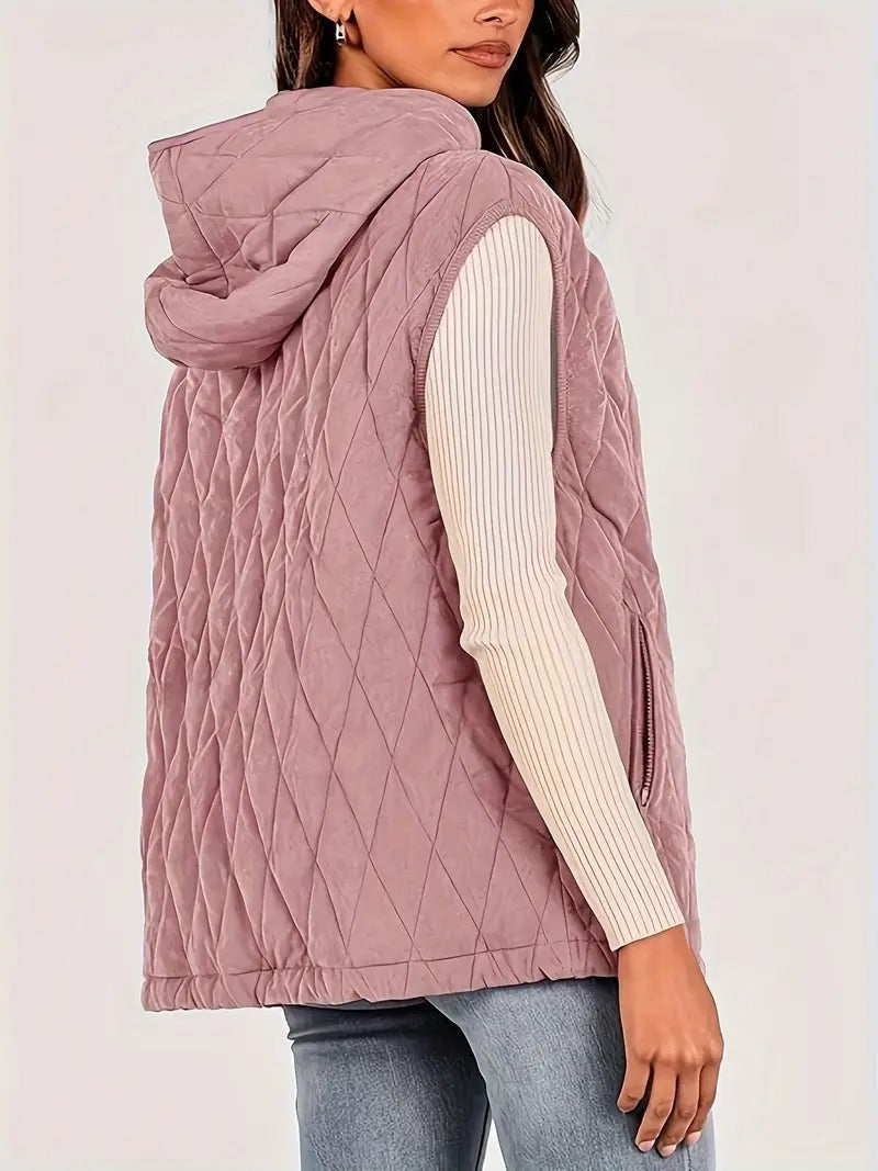 Quilted hooded vest — Diamond pattern, drawstring hem